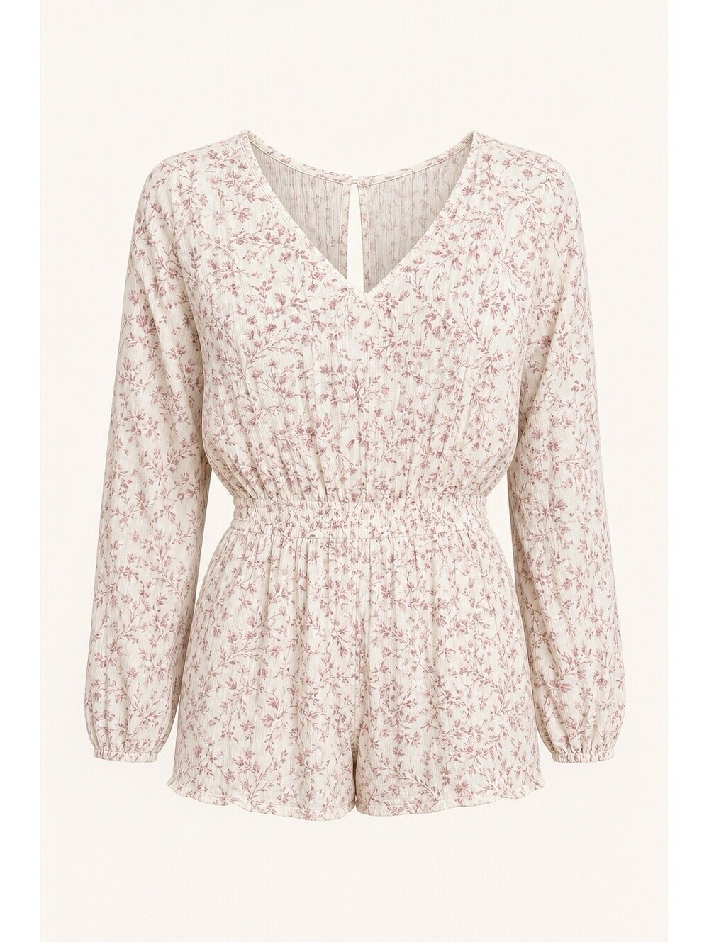 TRUE CRAFT Cream Burgundy Romper with pockets long sleeve elastic waist XS